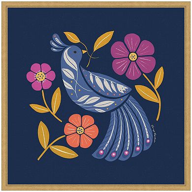Sylvie Boho Folk Art Bird Blue and Gold Framed Canvas by Carey Copeland