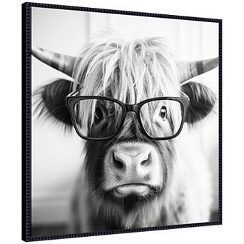 Sylvie Black and White Highland Cow in Reading Glasses Framed Canvas by The Creative Bunch Studio