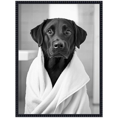 Sylvie Black Lab Bathroom Art Towel Robe Black and White Framed Canvas by The Creative Bunch Studio
