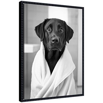 Sylvie Black Lab Bathroom Art Towel Robe Black and White Framed Canvas by The Creative Bunch Studio