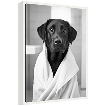 Sylvie Black Lab Bathroom Art Towel Robe Black and White Framed Canvas by The Creative Bunch Studio