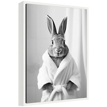 Sylvie Bunny Bathroom Art Towel Robe Black and White Framed Canvas by The Creative Bunch Studio