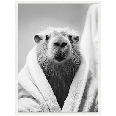 Sylvie Capybara Bathroom Art Towel Robe Black and White Framed Canvas by The Creative Bunch Studio