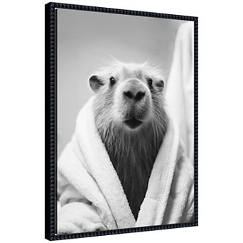 Sylvie Capybara Bathroom Art Towel Robe Black and White Framed Canvas by The Creative Bunch Studio