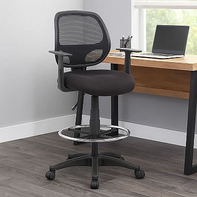 Lem Swivel Office Stool with T Arms, Footring, Black Linear Mesh Back