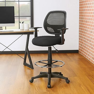 Lem Swivel Office Stool with T Arms, Footring, Black Linear Mesh Back