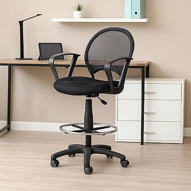 Rea Drafting Stool Chair, Loop Arms, Black Mesh, Chrome Footring