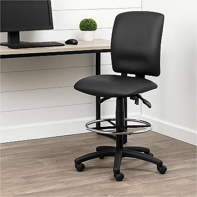 Reza Swivel Drafting Stool, Footring, Black Faux Leather, Contoured