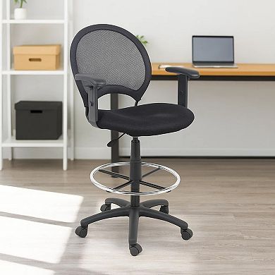 Rea Drafting Stool Chair, Adjustable Arms, Black Mesh, Chrome Footring