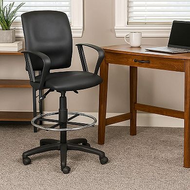 Reza Rolling Drafting Armchair, Footring, Black Faux Leather, Swivel