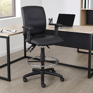 Reza Swivel Drafting Stool, Adjustable Arms, Footring, Black Faux Leather