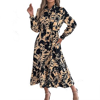 Women's Button Down Shirt Dress Spring Summer Long Sleeve Tie Waist Casual Ruffled A-line Midi Dress