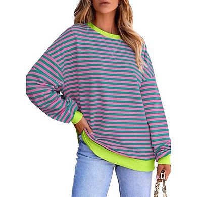 Womens Striped Oversized Sweatshirt Crew Neck Long Sleeve Color Block Casual Pullover Workout Top