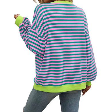 Womens Striped Oversized Sweatshirt Crew Neck Long Sleeve Color Block Casual Pullover Workout Top