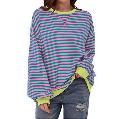 Womens Striped Oversized Sweatshirt Crew Neck Long Sleeve Color Block Casual Pullover Workout Top