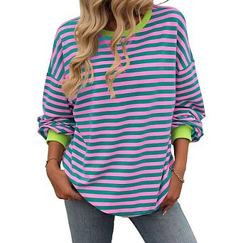 Womens Striped Oversized Sweatshirt Crew Neck Long Sleeve Color Block Casual Pullover Workout Top