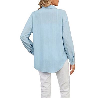 Womens Button Down Shirts Long Sleeve Gauze Tops Casual Collared Blouses Loose Fit
