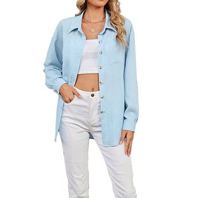 Womens Button Down Shirts Long Sleeve Gauze Tops Casual Collared Blouses Loose Fit