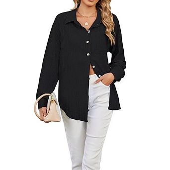 Womens Button Down Shirts Long Sleeve Gauze Tops Casual Collared Blouses Loose Fit