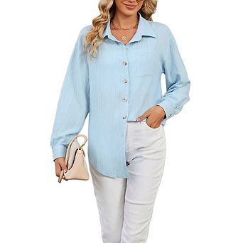 Womens Button Down Shirts Long Sleeve Gauze Tops Casual Collared Blouses Loose Fit