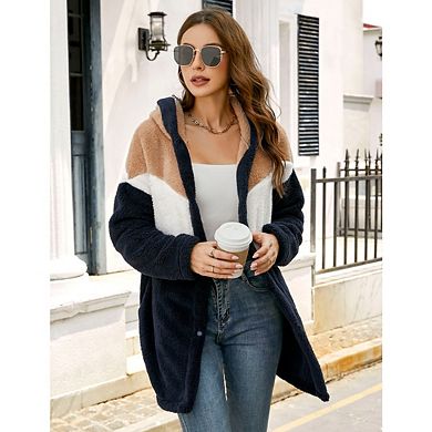 Womens Fleece Cardigan Patchwork Fluffy Sherpa Coat Winter Coats for Women Oversized Outerwear