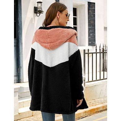 Womens Fleece Cardigan Patchwork Fluffy Sherpa Coat Winter Coats for Women Oversized Outerwear