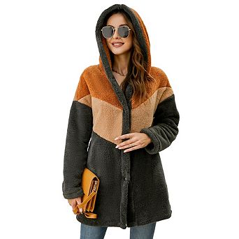Womens Fleece Cardigan Patchwork Fluffy Sherpa Coat Winter Coats for Women Oversized Outerwear
