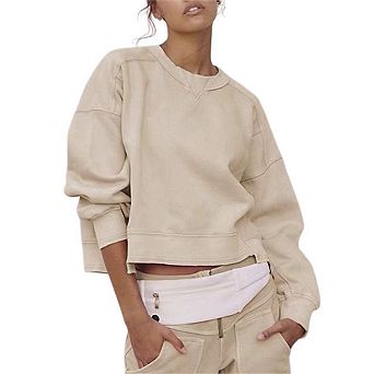 Womens Casual Sweatshirt Long Sleeve Crewneck Loose Fit Tops Tee Pullover Crop Side Slit Tshirt