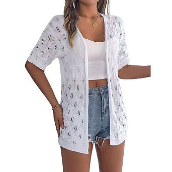 Women Lightweight Crochet Cardigan Short Sleeve Open Front Knit Sweater Summer Hollow Out Cover Up