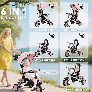 Qaba 6 in 1 Kids Tricycle with Adjustable Push Handle for 1-5 Years