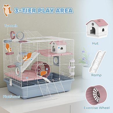 PawHut Hamster Cage, 3-Tier Gerbil Cage with Exercise Wheel and Tubes