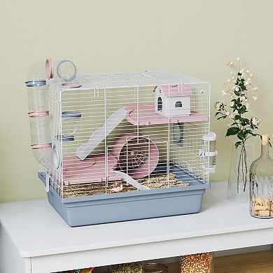 PawHut Hamster Cage, 3-Tier Gerbil Cage with Exercise Wheel and Tubes
