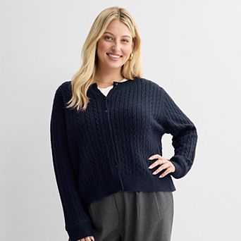 Juniors' Plus Size SO® Cable Crewneck Cardigan Sweater