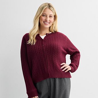 Juniors' Plus Size SO® Cable Crewneck Cardigan Sweater