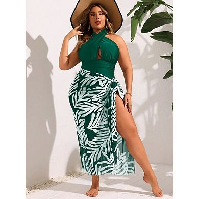 Women's Solid Swimsuit with Floral Print Cover-Up Skirt & Push-Up Top Two Piece Bathing Suit Setst