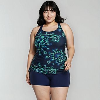 Women's Plus Size Maya Tankini Swim Top With Removable Cups and Navy Swim Shorts Set