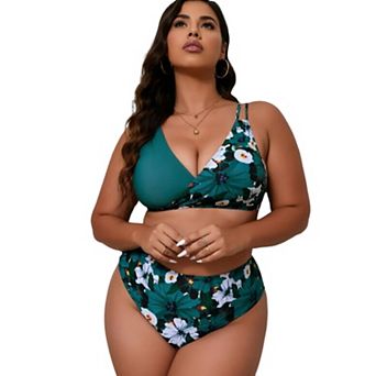 Women Summer Beach Plus Size Floral Print Bikini Set Tummy Control Two Piece Bathing Suit