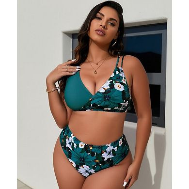 Women Summer Beach Plus Size Floral Print Bikini Set Tummy Control Two Piece Bathing Suit