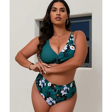 Women Summer Beach Plus Size Floral Print Bikini Set Tummy Control Two Piece Bathing Suit