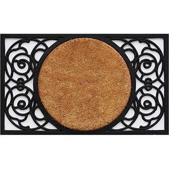 HomeRoots 22" X 36" Black And Natural Geo Scrollwork Outdoor Rubber And Coir Door Mat