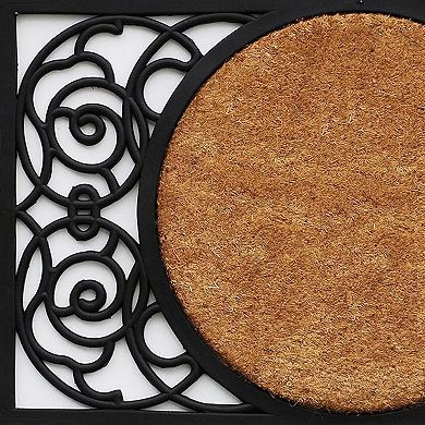 HomeRoots 22" X 36" Black And Natural Geo Scrollwork Outdoor Rubber And Coir Door Mat