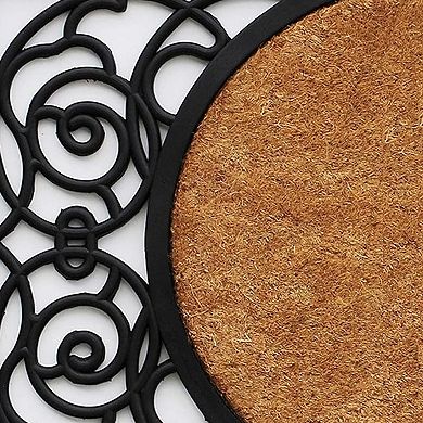 HomeRoots 22" X 36" Black And Natural Geo Scrollwork Outdoor Rubber And Coir Door Mat