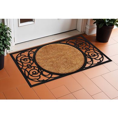 HomeRoots 22" X 36" Black And Natural Geo Scrollwork Outdoor Rubber And Coir Door Mat