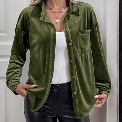 Womens Winter Velvet Long Sleeve Button Down Casual Tops Shirts