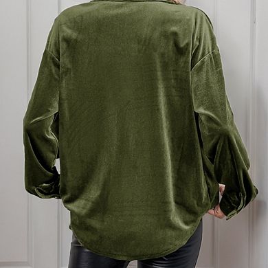 Womens Winter Velvet Long Sleeve Button Down Casual Tops Shirts