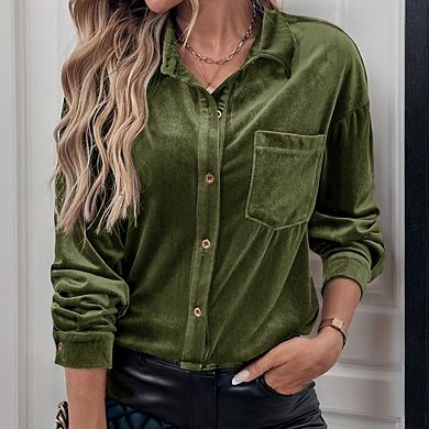 Womens Winter Velvet Long Sleeve Button Down Casual Tops Shirts