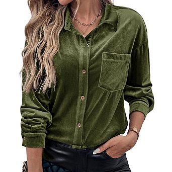 Womens Winter Velvet Long Sleeve Button Down Casual Tops Shirts
