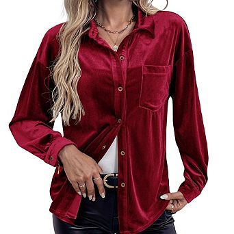 Womens Winter Velvet Long Sleeve Button Down Casual Tops Shirts