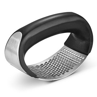 Cheer Collection Stainless Steel Garlic Press Rocker Set with Peeler Brush and Scraper Black