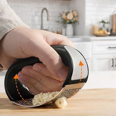 Cheer Collection Stainless Steel Garlic Press Rocker Set with Peeler Brush and Scraper Black